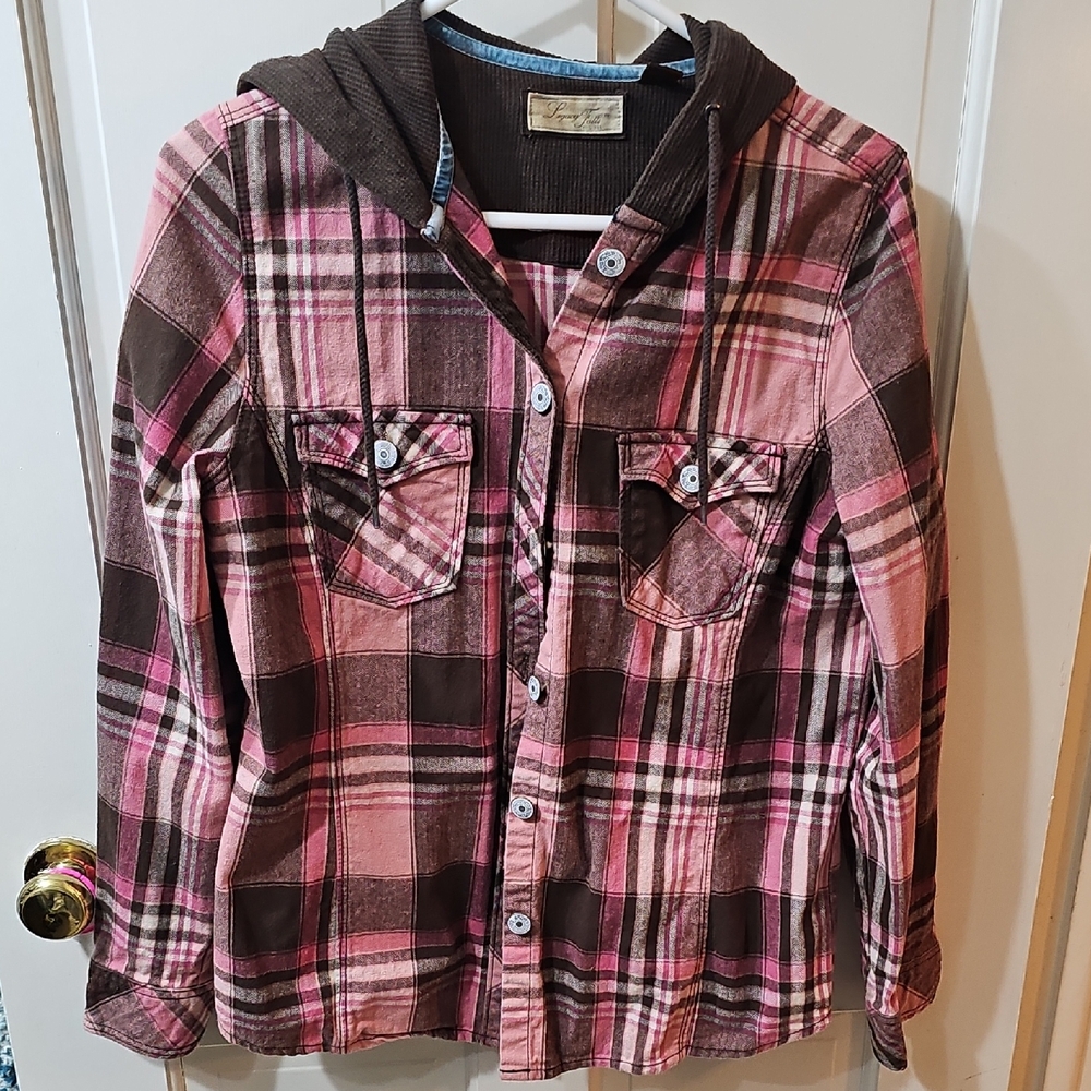 Urban Pipeline Pink and Brown Plaid Hoodie Shirt